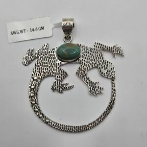 Stunning LARGE Natural Green Turquoise Lizard Gecko Pendant Sterling Silver 925